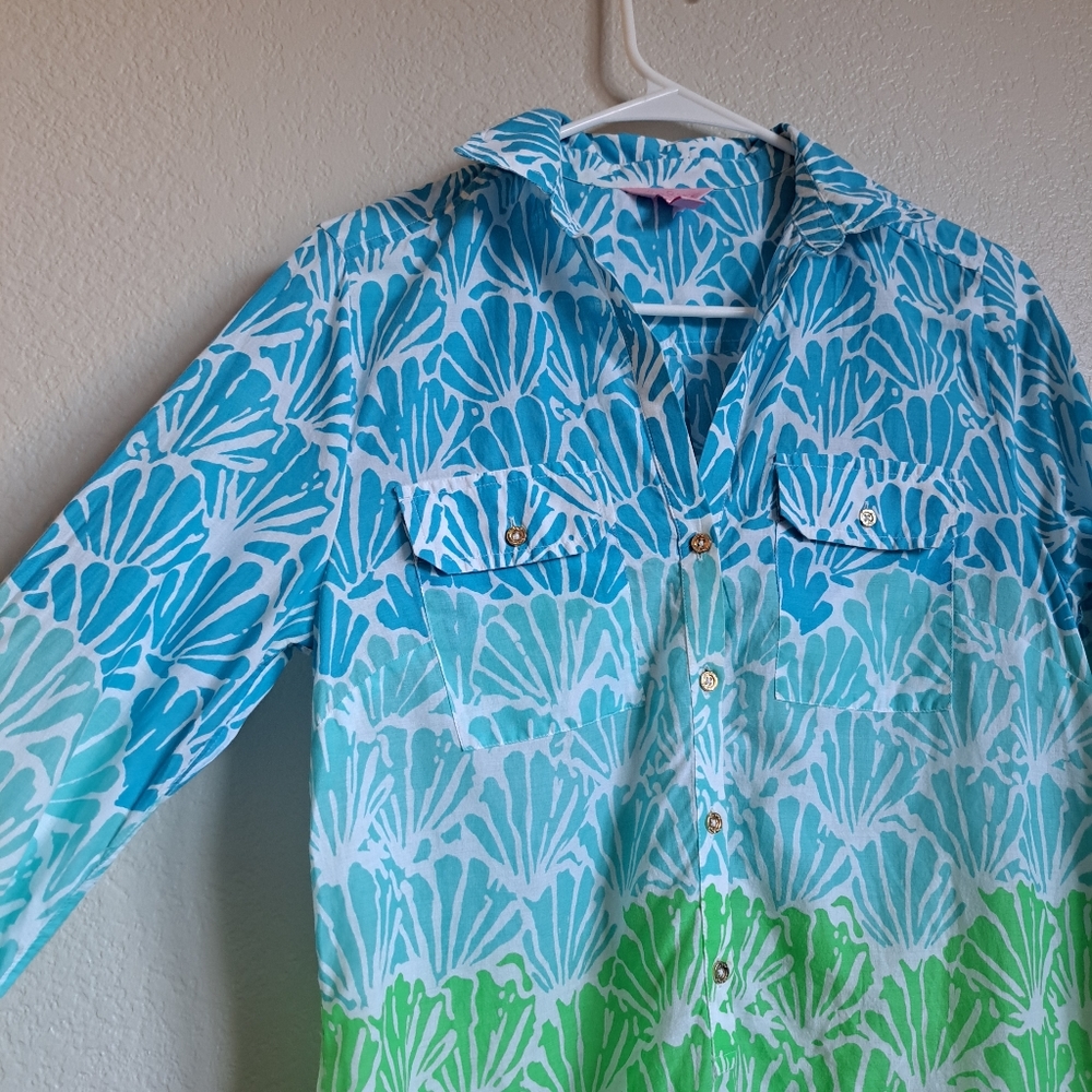 Lilly Pulitzer Captiva Tunic Blue Green Shell Print Longsleeve Button Up Size XS - Picture 4 of 12